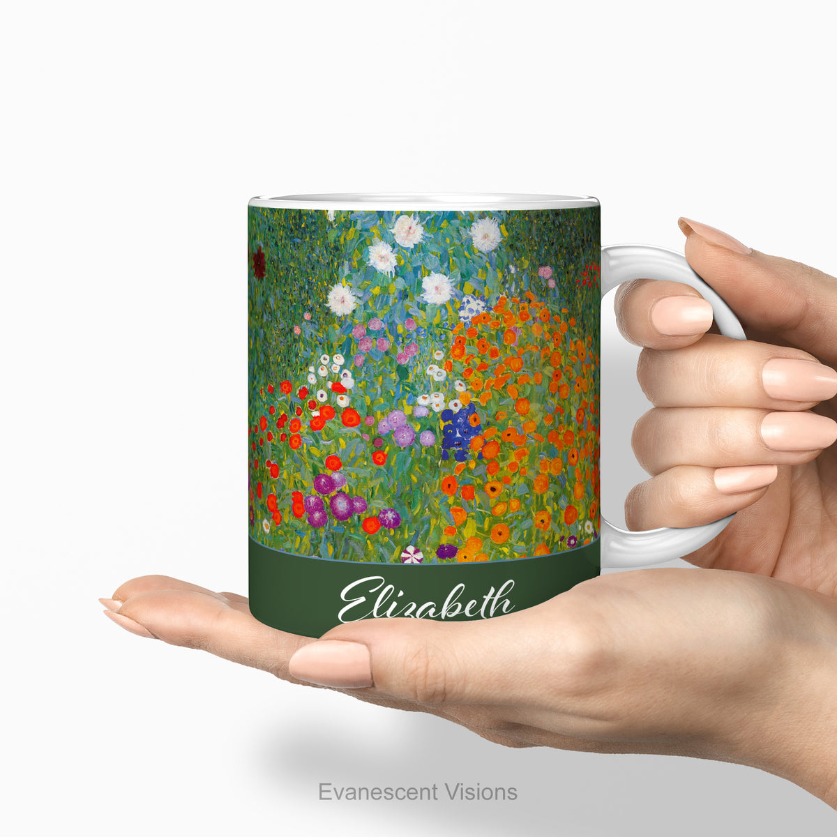 Hands holding the Bauerngarten ceramic  personalised mug.