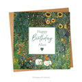 A square personalised name greeting card featuring Gustav Klimt's Bauerngarten mit Sonnenblumen artwork