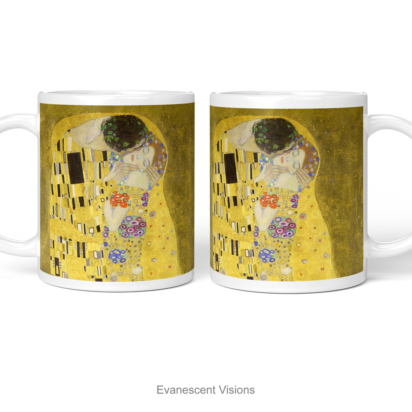 Left and right side views of A white ceramic mug featuring a print of  Gustav Klimt's 'The Kiss' painting shown on a white background.