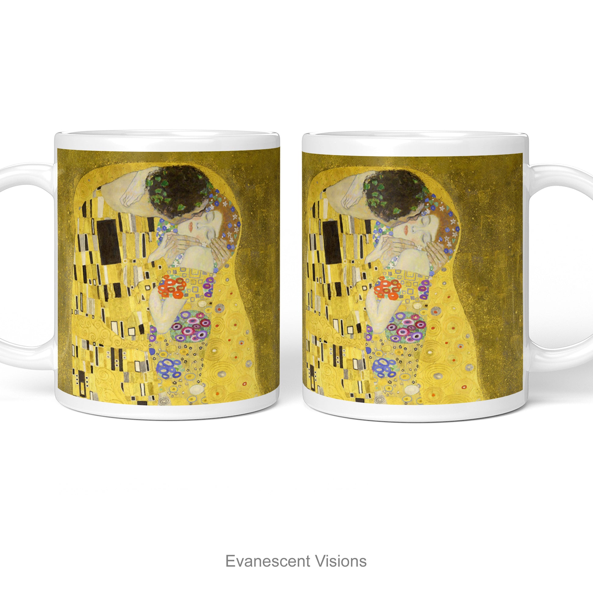 Left and right side views of A white ceramic mug featuring a print of  Gustav Klimt's 'The Kiss' painting shown on a white background.