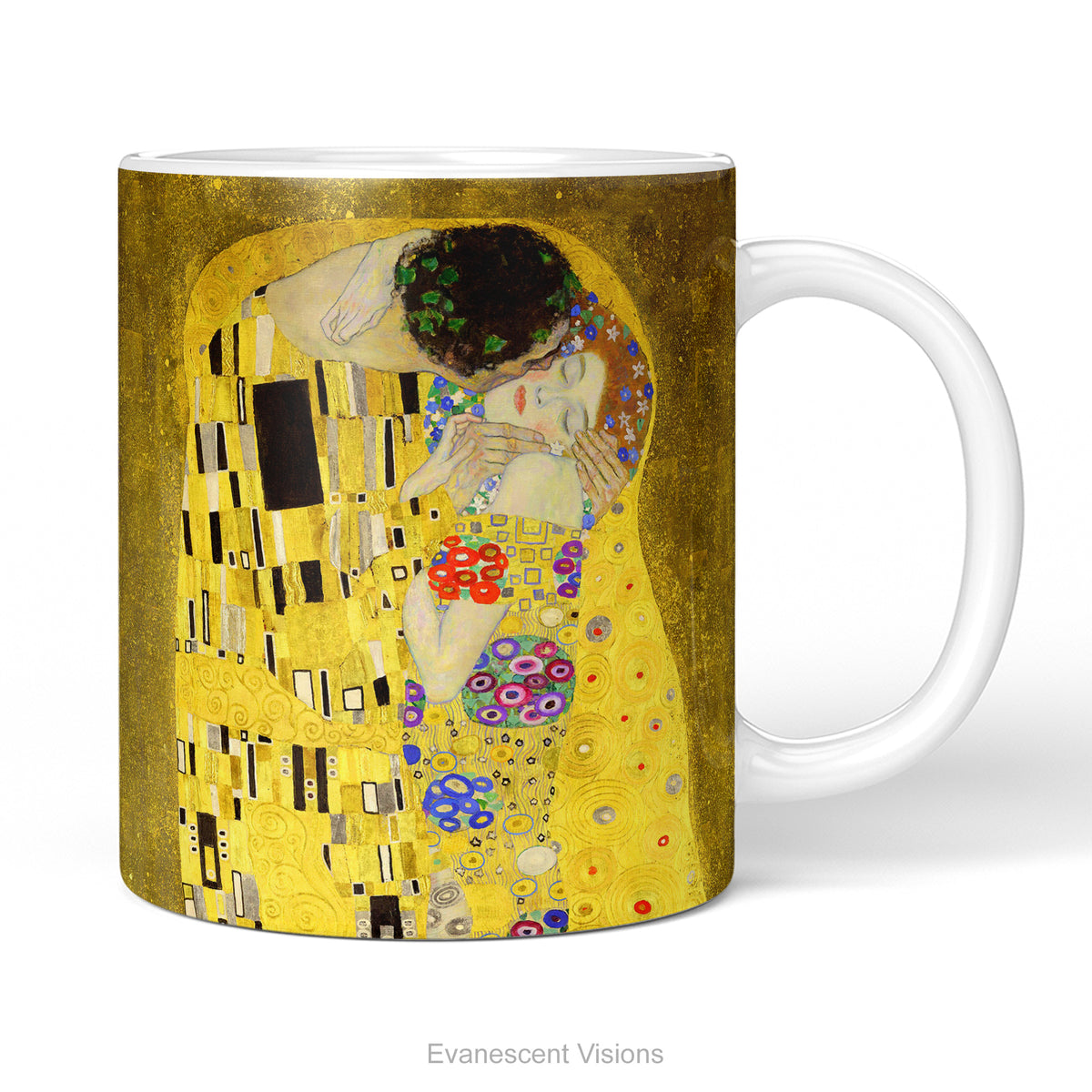 A white ceramic mug featuring a print of  Gustav Klimt's painting 'The Kiss'. 
