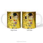 Left and right side views of a  ceramic mug featuring a print of  Gustav Klimt's painting 'The Kiss'. 