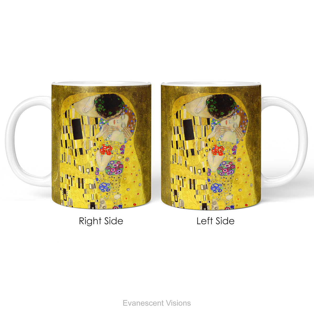 Left and right side views of a  ceramic mug featuring a print of  Gustav Klimt's painting 'The Kiss'. 