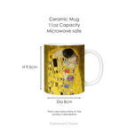 A ceramic mug featuring a print of  Gustav Klimt's painting 'The Kiss', with mug dimensions. 