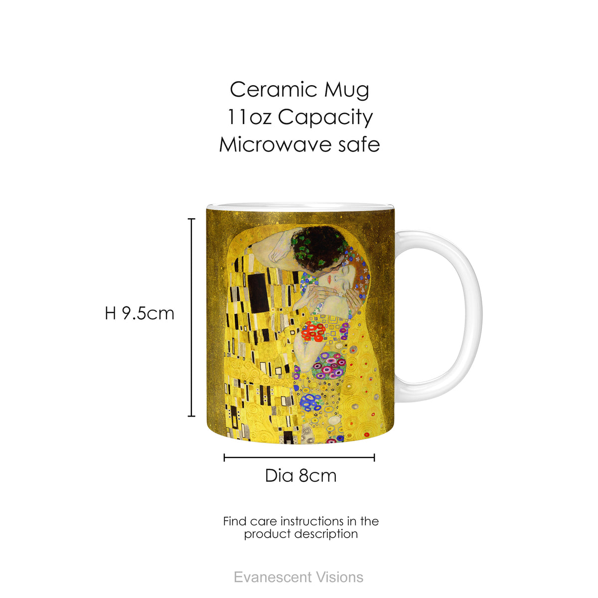 A ceramic mug featuring a print of  Gustav Klimt's painting 'The Kiss', with mug dimensions. 