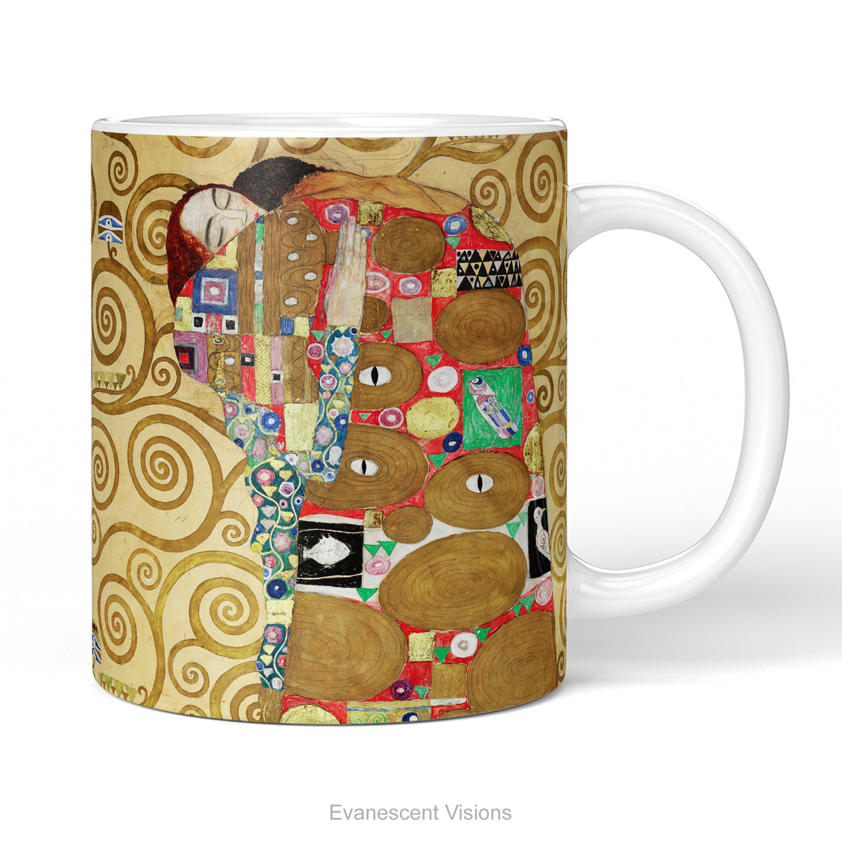 A ceramic mug featuring Gustav Klimt's painting 'The Embrace'.