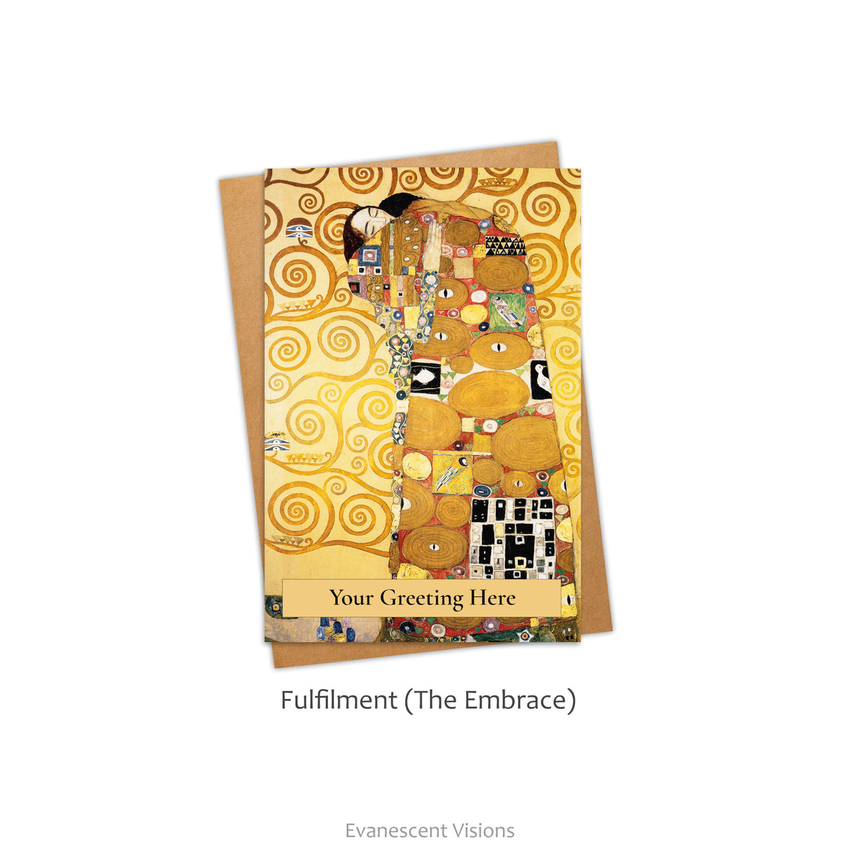 Card and envelope. Card has image from Gustav Klimt's painting, 'Fulfilment' aka 'The Embrace.' Front greeting personalised.