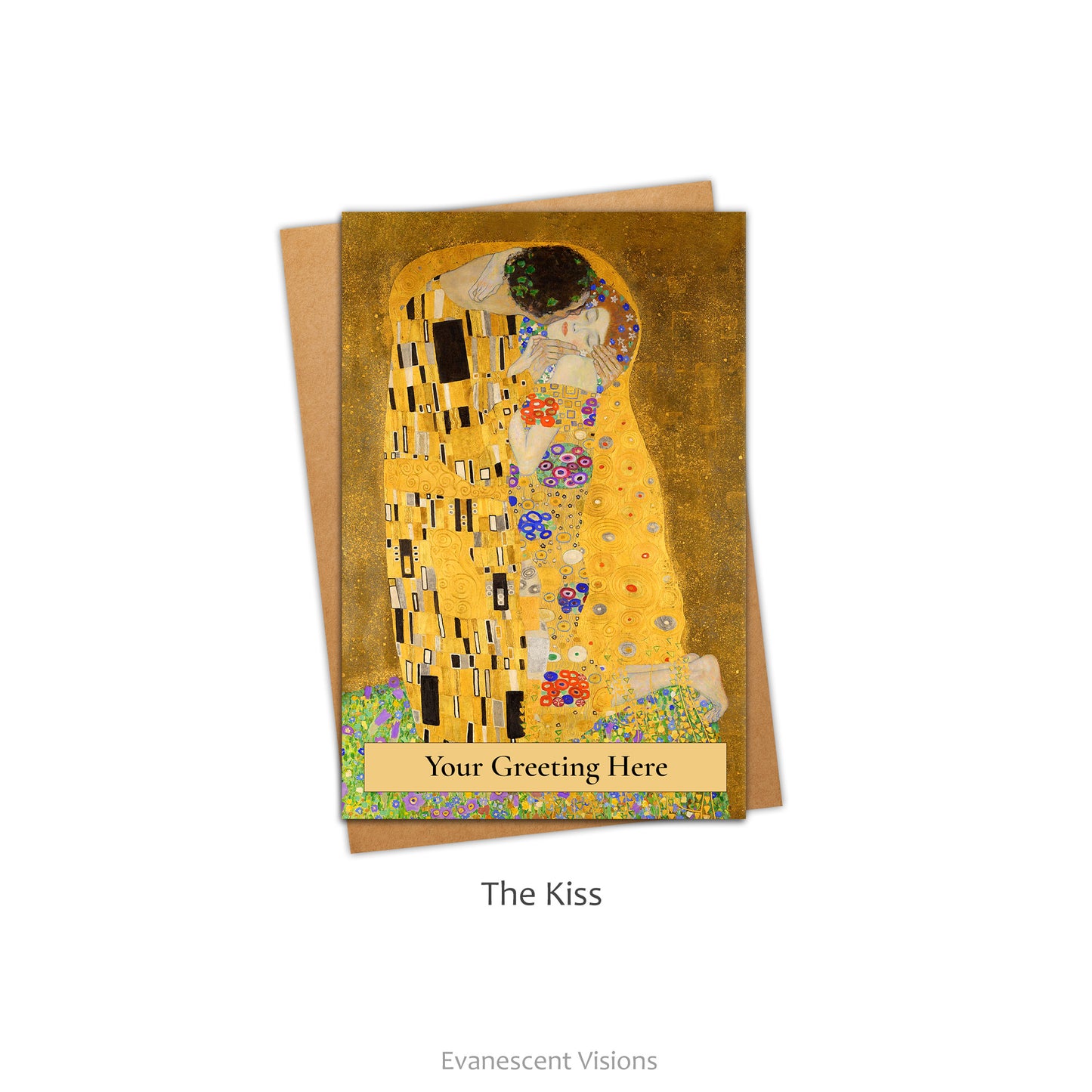 Card and envelope. Card has image from Gustav Klimt's painting, 'The Kiss.' Front greeting personalised.