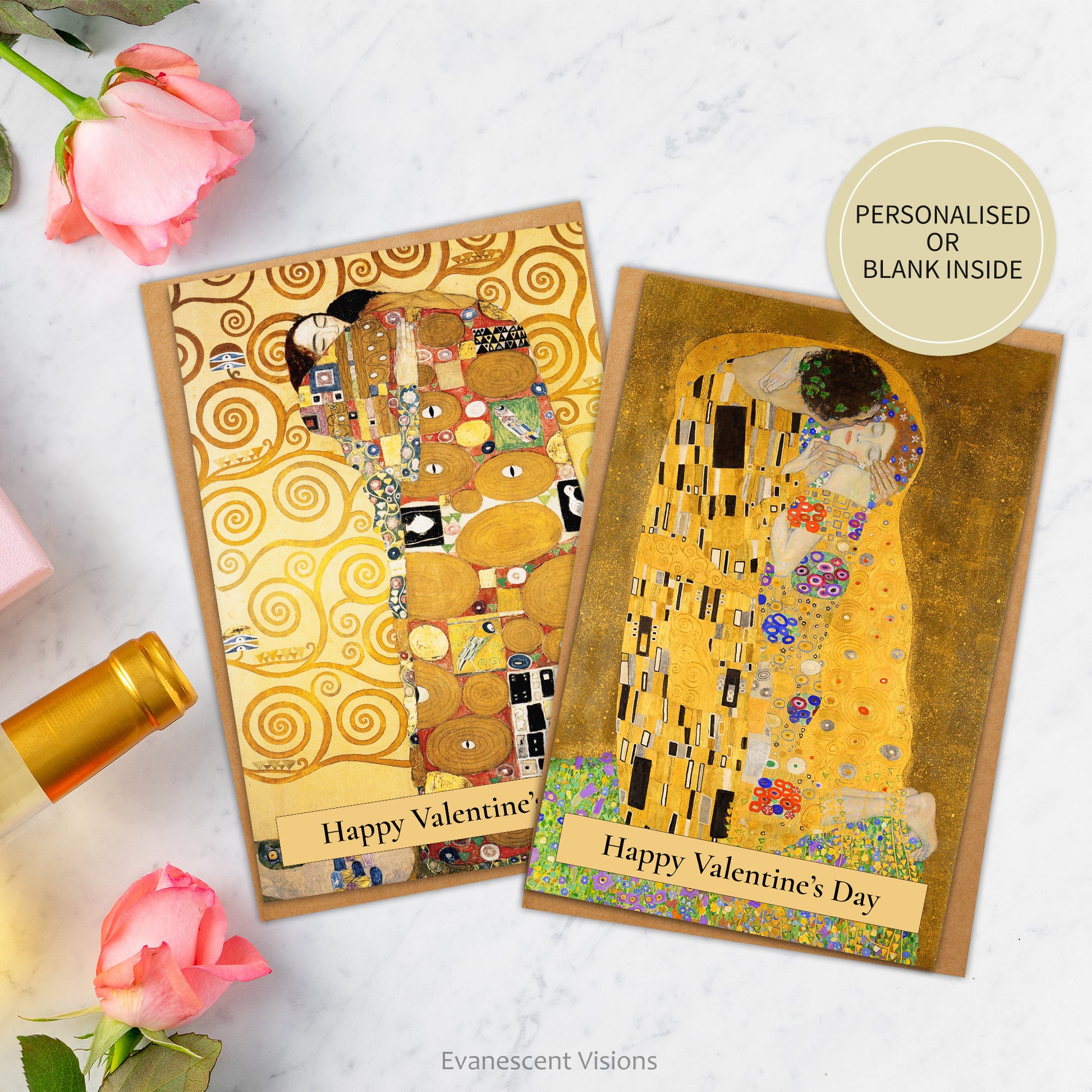 Personalised Valentine Cards with paintings 'The Kiss' or 'Fulfilment (the Embrace)' by Gustav Klimt  laying on a marble table with roses