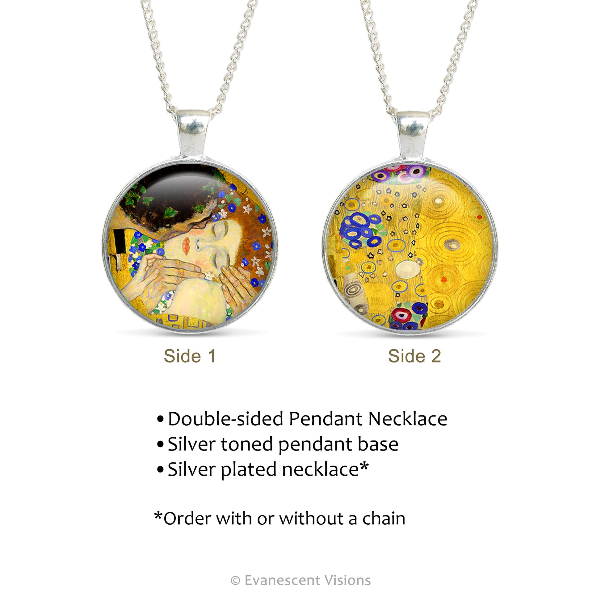 Product details for a double sided cabochon pendant necklace with artwork 'The Kiss' by Alphonse Mucha