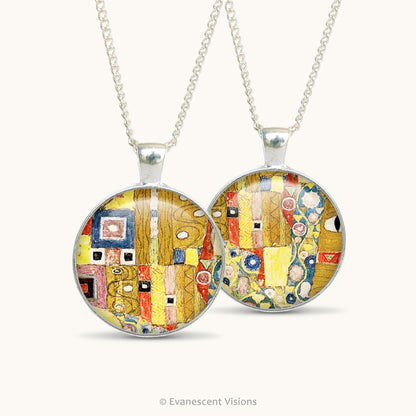 Front and back views of a double sided pendant necklace with pattern detail from artwork 'The Kiss' by Alphonse Mucha