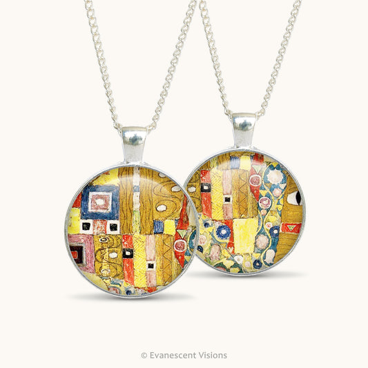 Front and back views of a double sided pendant necklace with pattern detail from artwork 'The Kiss' by Alphonse Mucha