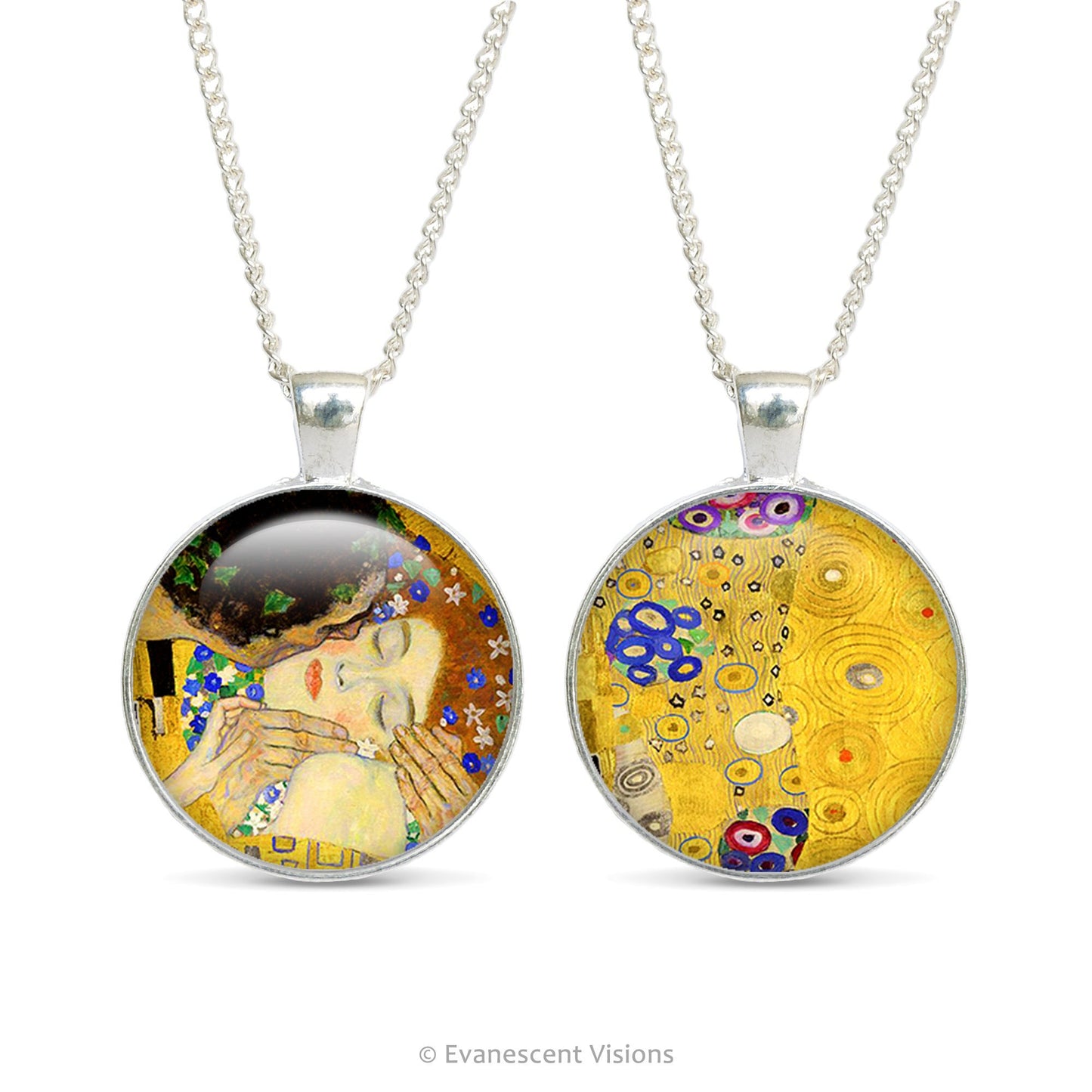 Front and back view of a double sided pendant necklaces with detail from artwork  'The Kiss' by Gustav Klimt.