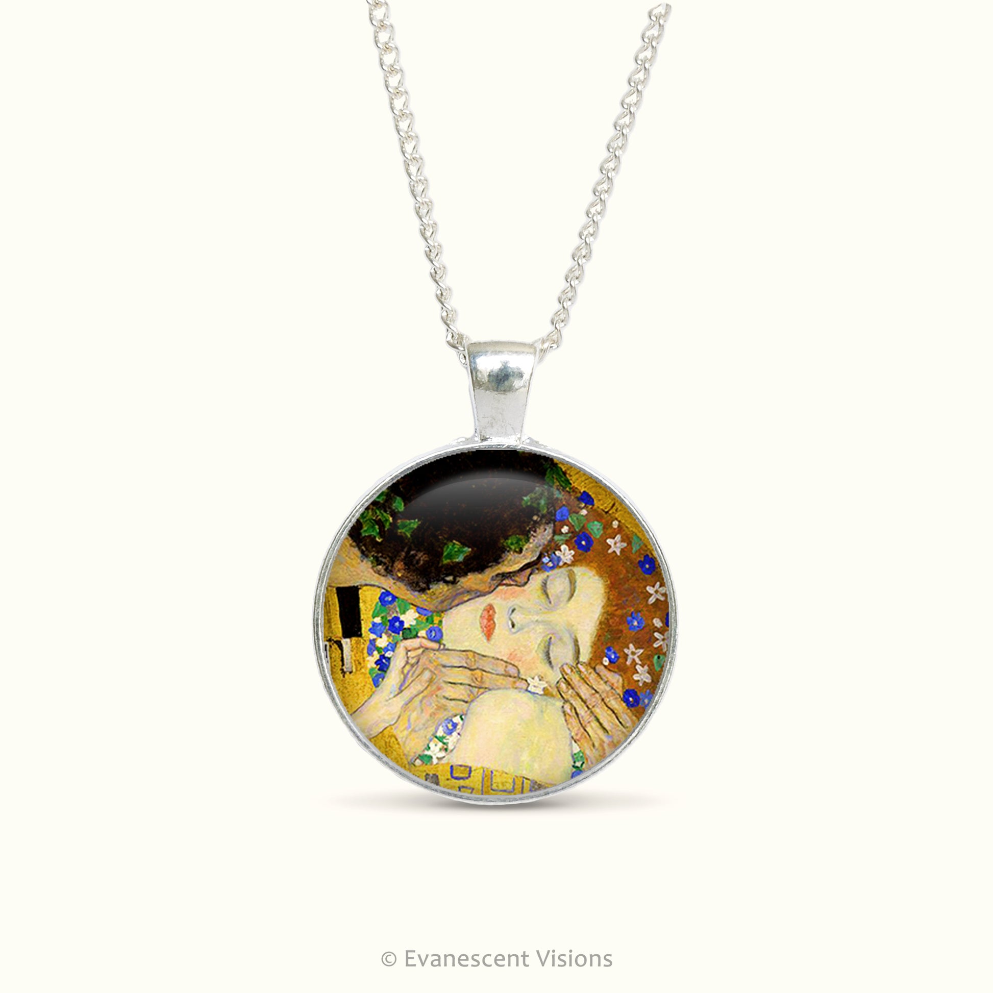Double sided cabochon pendant necklace with artwork 'The Kiss' by Alphonse Mucha