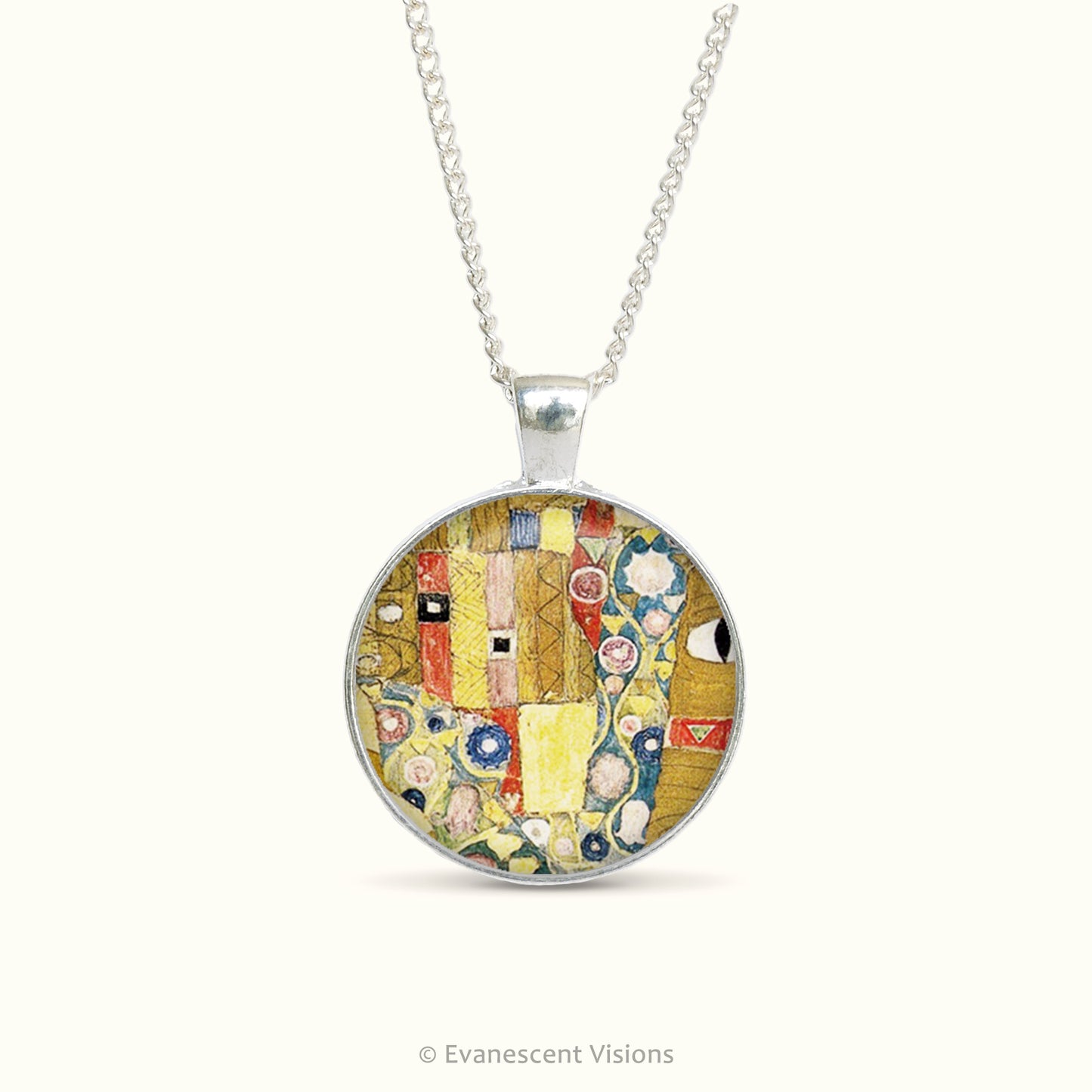Pendant necklace with pattern detail from artwork 'The Kiss' by Alphonse Mucha