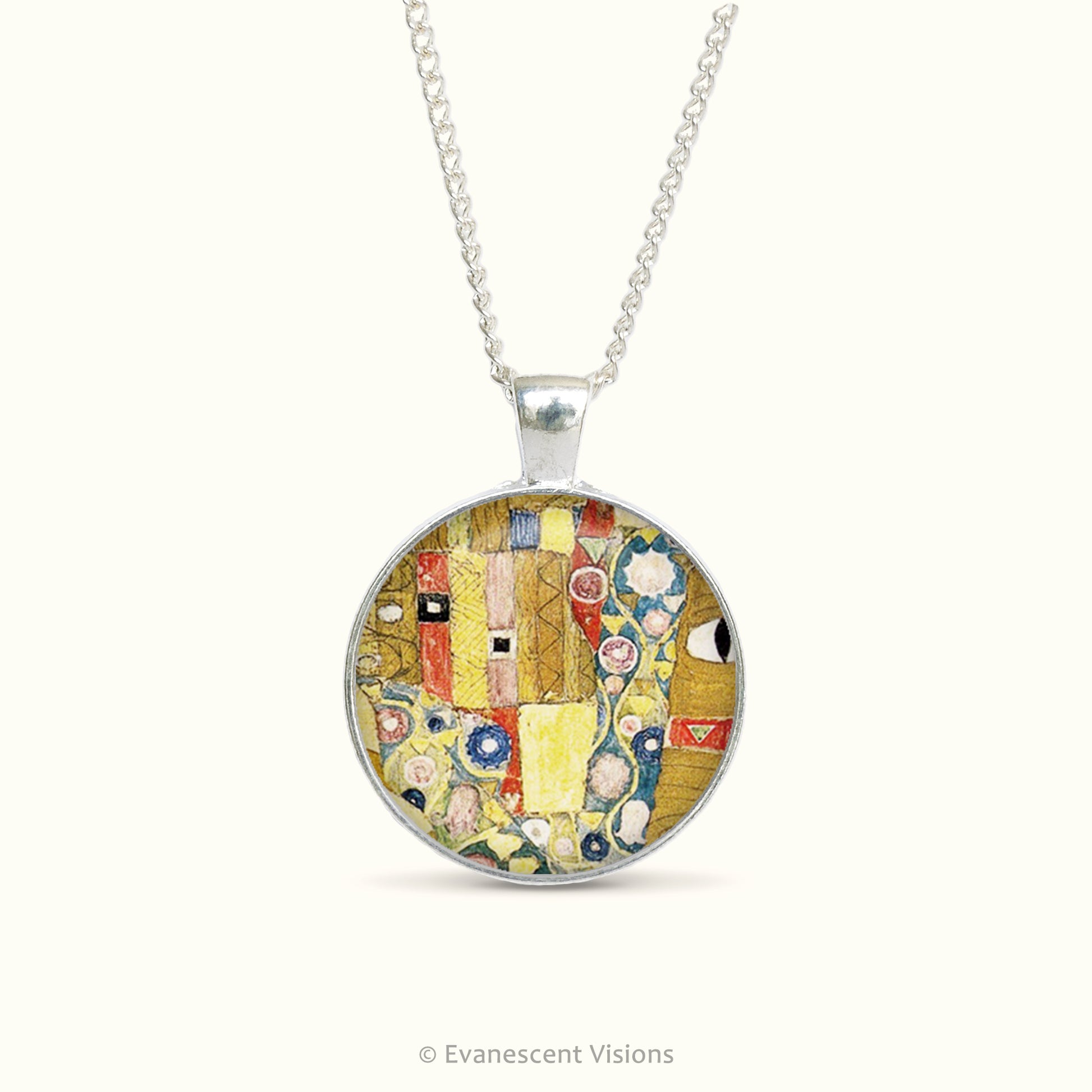 Pendant necklace with pattern detail from artwork 'The Kiss' by Alphonse Mucha