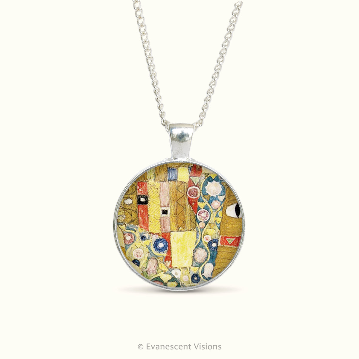 Pendant necklace with pattern detail from artwork 'The Kiss' by Alphonse Mucha