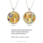 Product details for the double sided pendant necklace with pattern detail from artwork 'The Kiss' by Alphonse Mucha