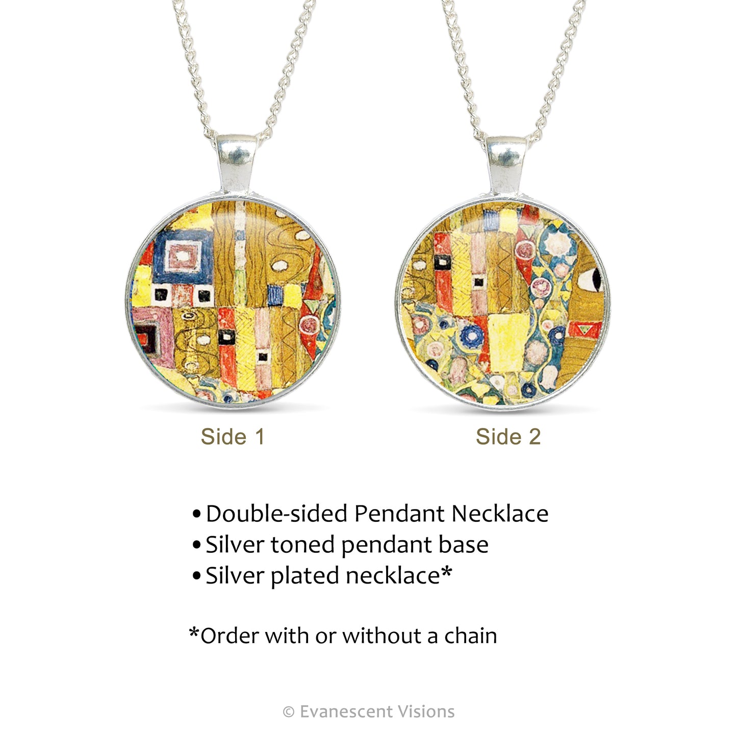 Product details for the double sided pendant necklace with pattern detail from artwork 'The Kiss' by Alphonse Mucha