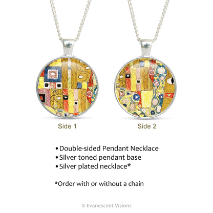 Product details for the double sided pendant necklace with pattern detail from artwork 'The Kiss' by Alphonse Mucha