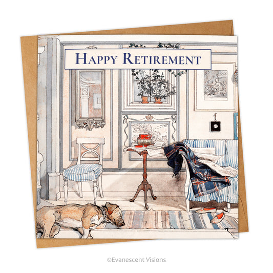 Card and envelope. Card shows a decorative inside of a room with plants, clothes, shoes and a dog lying asleep. Happy Retirement is written at the top.