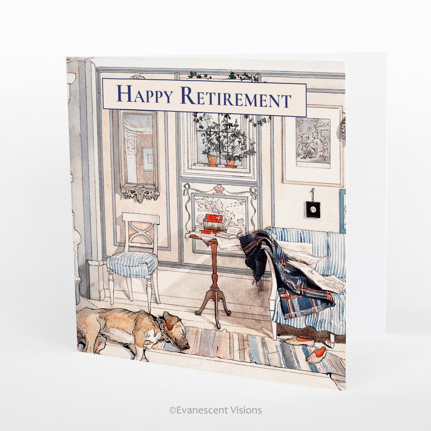 A card showing a decorative inside of a room with plants, clothes, shoes and a dog lying asleep. Happy Retirement is written at the top.