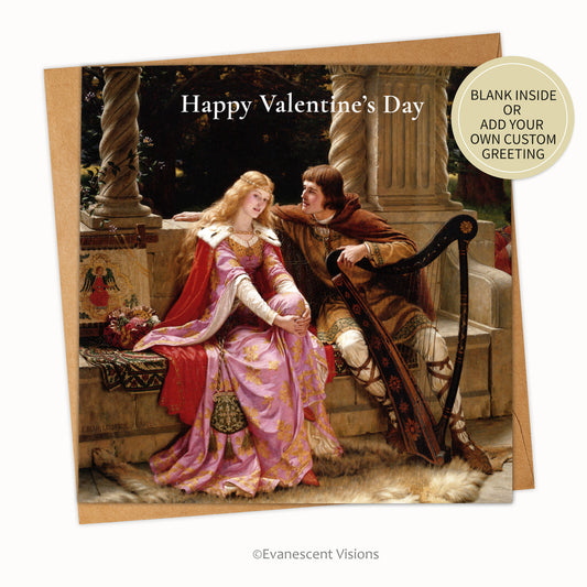 Card and envelope. Card design 'Tristan and Isolde' by Edmund Blair Leighton. Sticker says blank inside or add your own custom greeting.