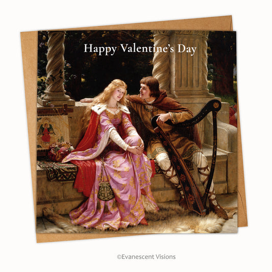 Card and envelope. Card design 'Tristan and Isolde' by Edmund Blair Leighton. Card has front greeting of 'Happy Valentine's Day.'