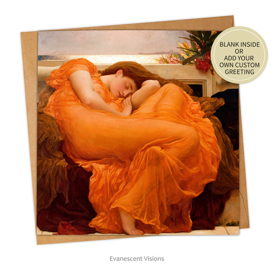 Card and envelope with design of Frederic Leighton's 'Flaming June' and sticker saying 'blank in side or add your own custom greeting'