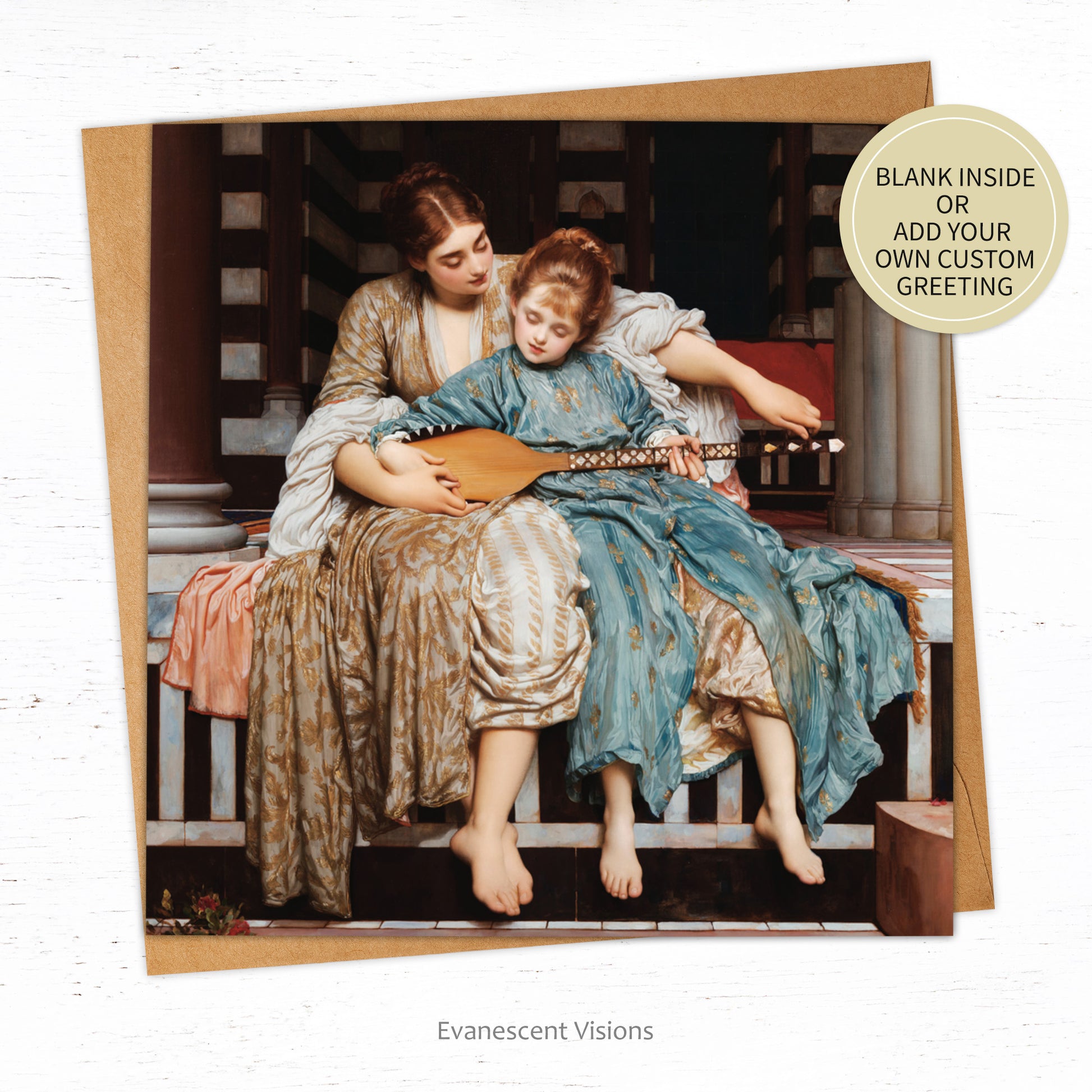 Card and envelope with image of Frederic Leighton's 'The Music Lesson', with sticker saying 'blank inside or add your own custom greeting'