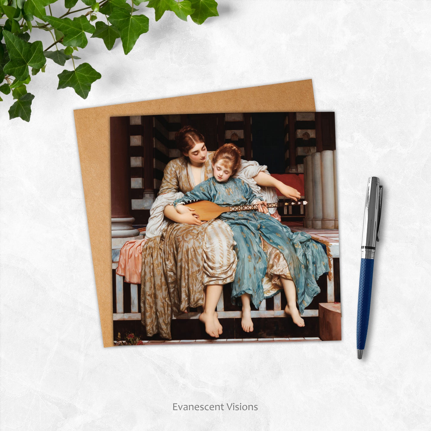 Card and envelope with image of Frederic Leighton's 'The Music Lesson' on white surface with pen and ivy