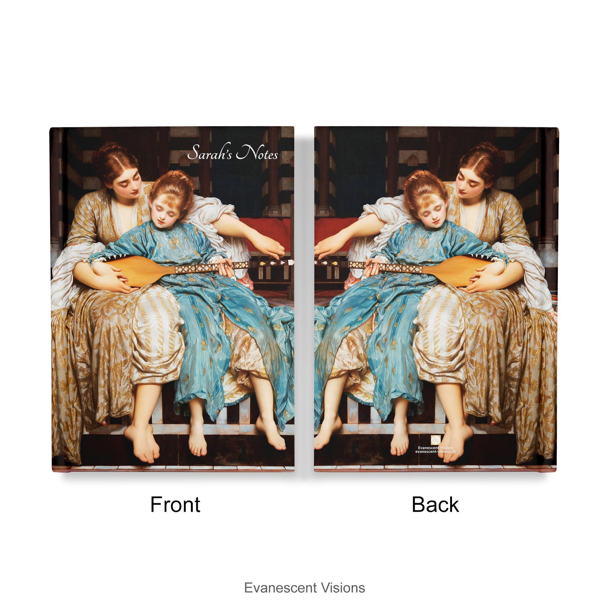 Front adn back views of Personalised Notebook, Hardback with Frederic Leighton's 'The Music Lesson' artwork