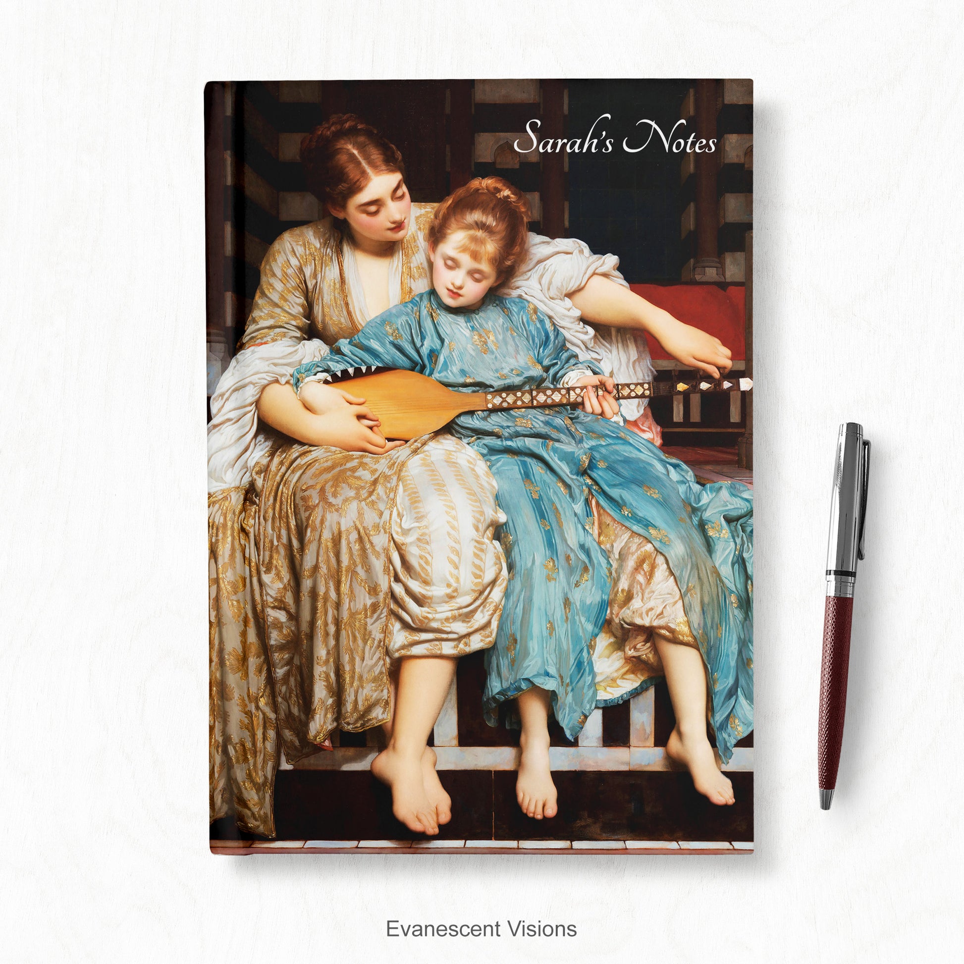 Personalised Notebook, Hardback with Frederic Leighton's 'The Music Lesson' artwork, shown with a pen