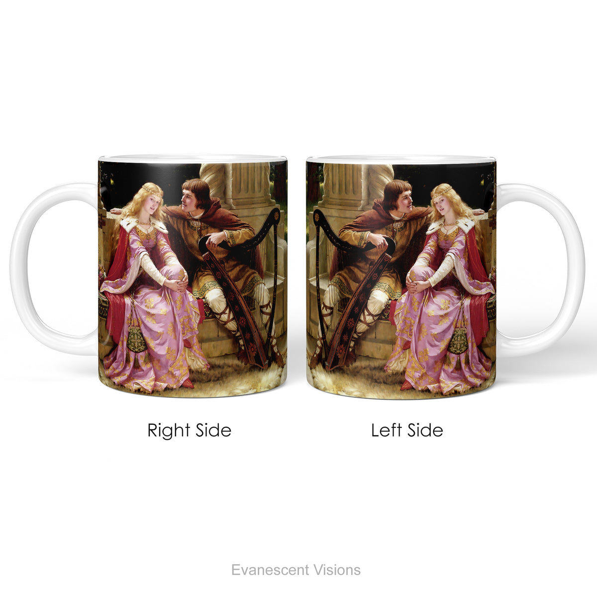 Left and right side views of the ceramic mug with painting 'The End of the Song', by Edmund Blair Leighton.