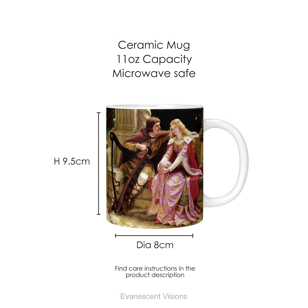 Ceramic mug with painting 'The End of the Song'  by Edmund Blair Leighton, with mug dimensions.