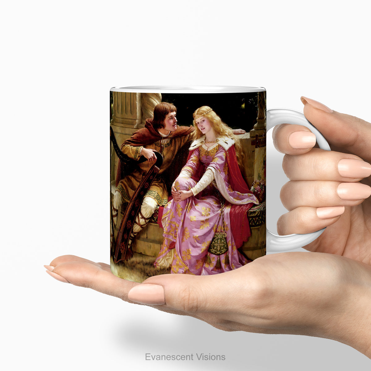 Hands holding the ceramic mug with painting 'The End of the Song',  by Edmund Blair Leighton.