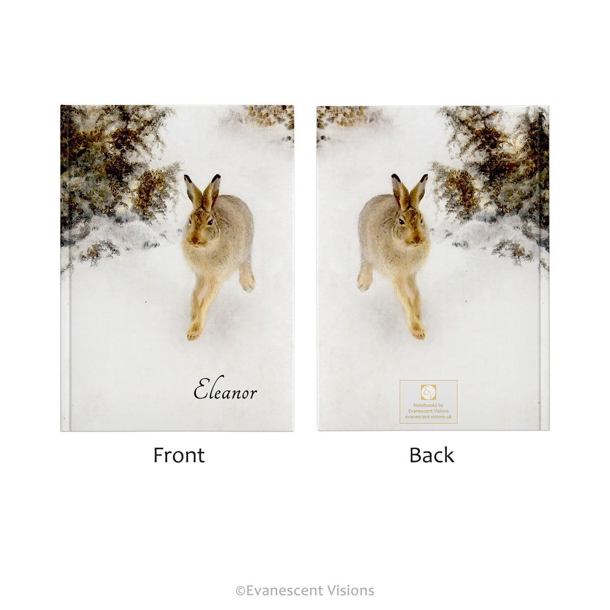 Front and back view of the Personalised Hardback Notebook with artwork 'Winter Hare' by Bruno Liljefors 