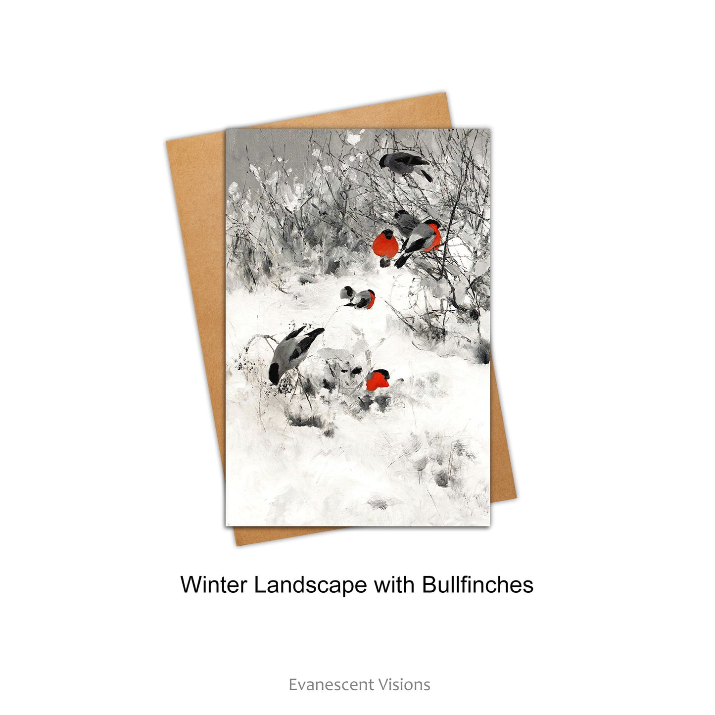 Snowy Winter Scenes Art Card with Winter Landscape with Bullfinches artwork by Bruno Liljefors