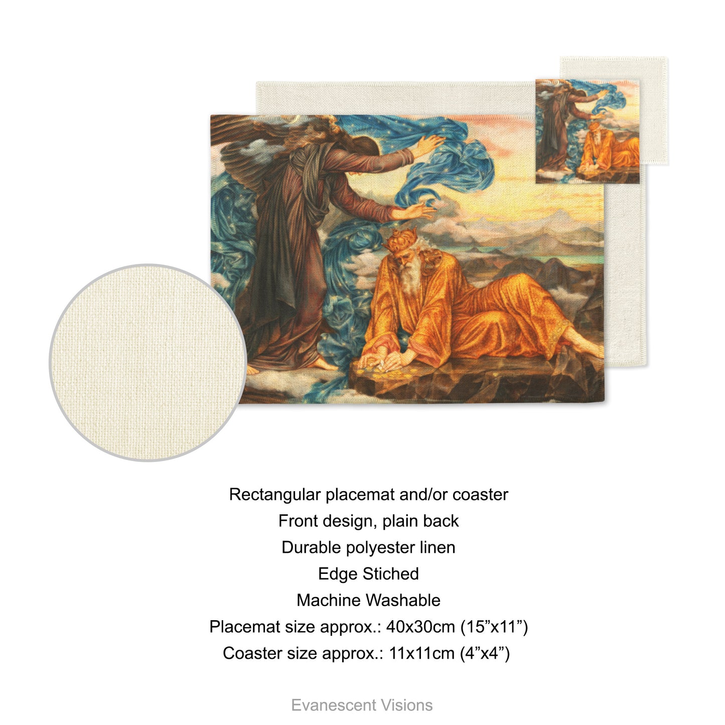 Placemat and coaster with design of 'Earthbound' by artist Evelyn De Morgan.  Product details for placemat and coaster. Front design, plain back, durable polyester linen, edge sticked, machine washable. Placemat size approx 40x30cm (15"x11"). Coaster size approx 11x11cm (4"x4")