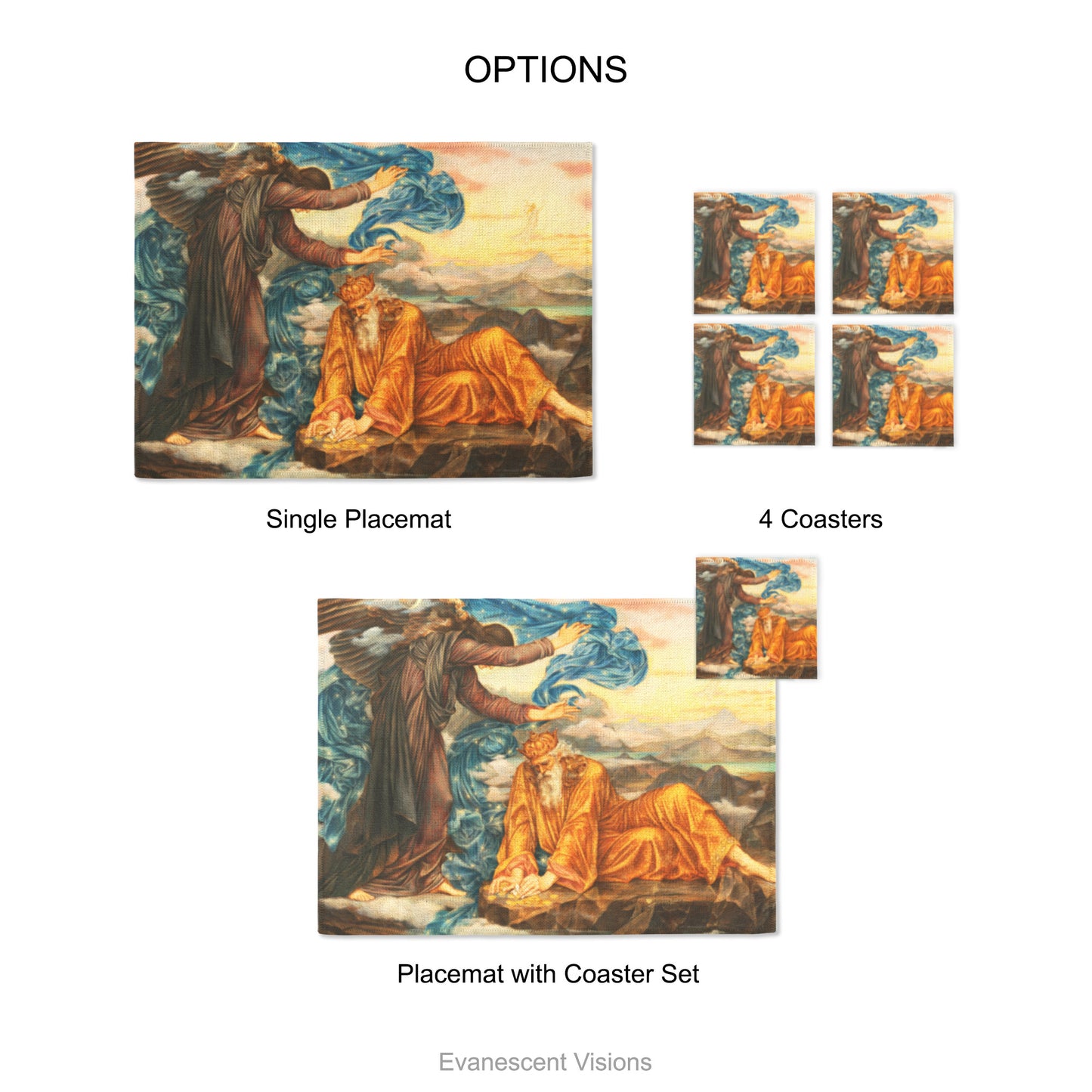 Placemat and coaster with design of 'Earthbound' by artist Evelyn De Morgan (1855–1919).  Product options shows single placemat, set of 4 coasters and placemat with coaster set.