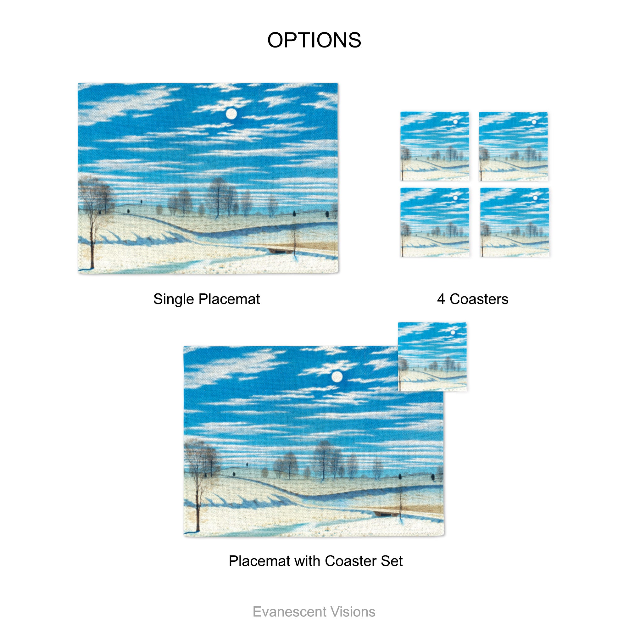 Placemat and coaster with design of 'Winter Scene in Moonlight' by artist Henry Farrer (1843–1903).  Product options shows single placemat, set of 4 coasters and placemat with coaster set.