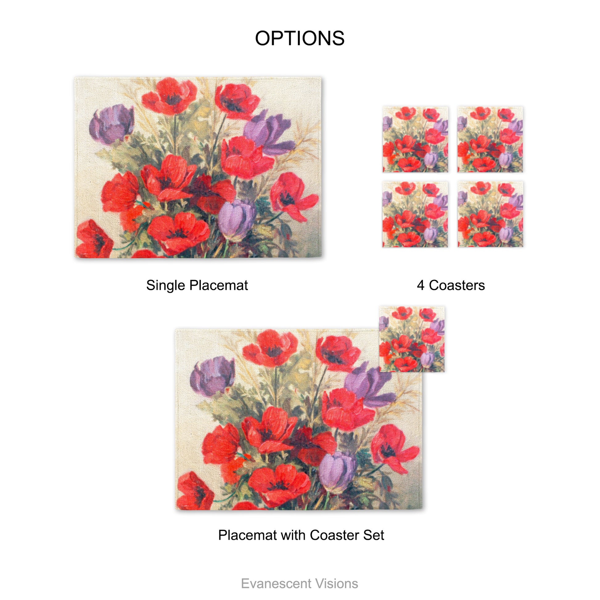Placemat and coaster with design of red and purple poppies by early 20th century artist G.V. Geffen. Product options shows single placemat, set of 4 coasters and placemat with coaster set. 