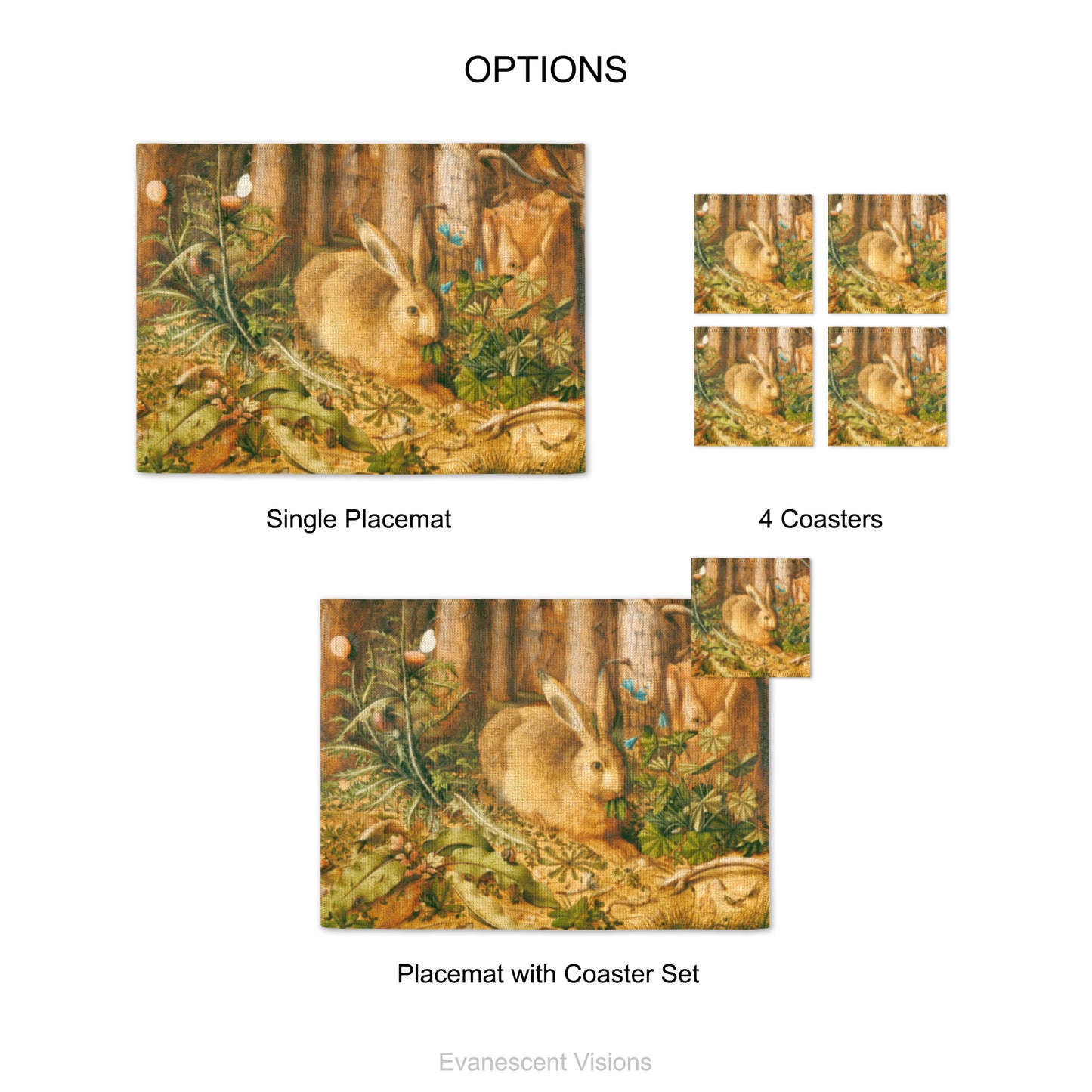 Product options shows single placemat, set of 4 coasters and placemat with coaster set. Design is 'A Hare in the forest' by Hans Hoffmann (1530-1592).