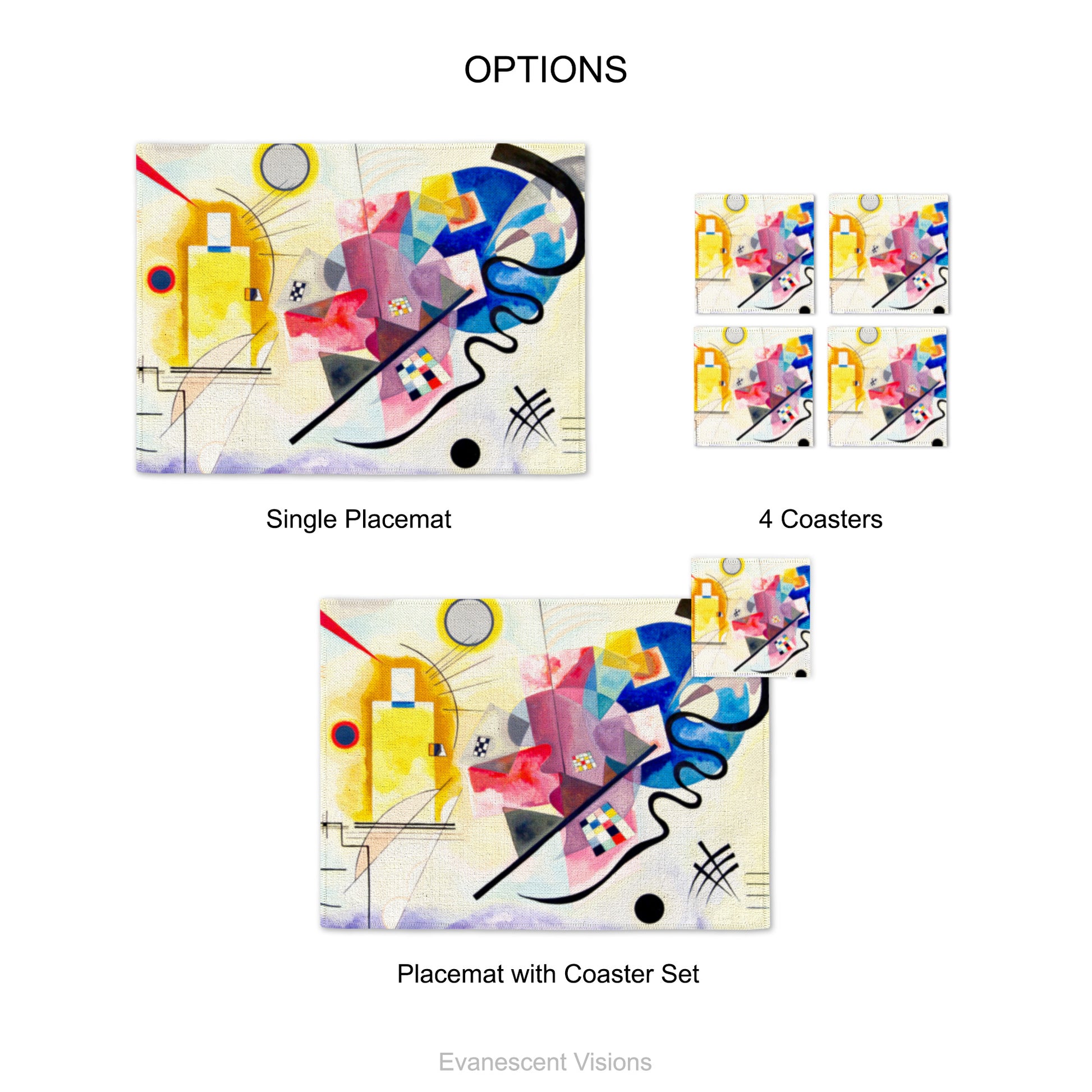 Product options shows single placemat, set of 4 coasters and placemat with coaster set. The design is based on the artwork 'Jaune, Rouge, Bleu' by artist Wassily Kandinsky (1866-1944)