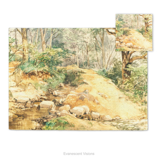 Placemat and coaster with design from artwork 'Woodland Scene with a Path Across a Stream' by John Middleton (1827–1856). 