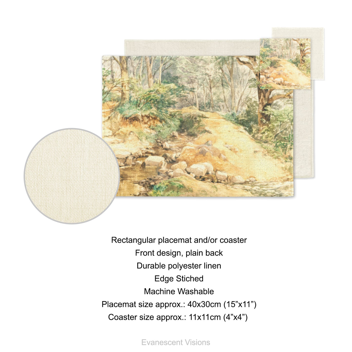 Product details for placemat and coaster. Front design, plain back, durable polyester linen, edge sticked, machine washable. Placemat size approx 40x30cm (15"x11"). Coaster size approx 11x11cm (4"x4")