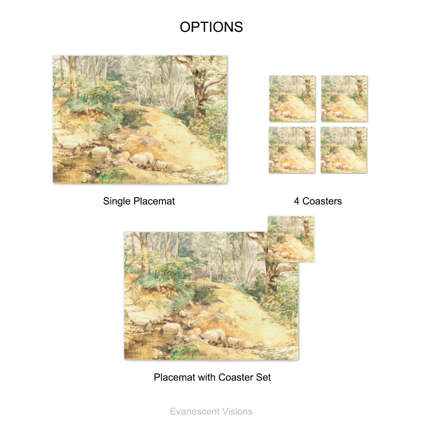 Product options shows single placemat, set of 4 coasters and placemat with coaster set. Design is from artwork 'Woodland Scene with a Path Across a Stream' by John Middleton (1827–1856)