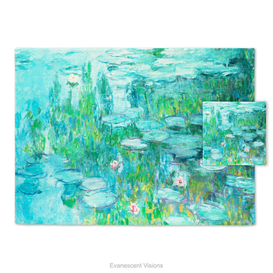 Placemat and coaster with design based on artwork, 'Water Lilies' circa 1915 by Claude Monet (1840-1926)
