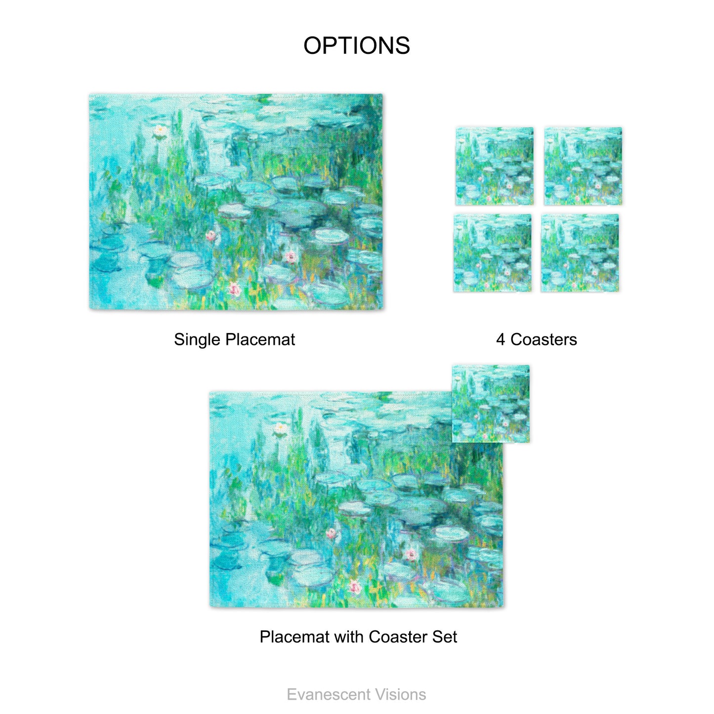 Placemat and coaster with design based on artwork, 'Water Lilies' circa 1915 by Claude Monet. Product options shows single placemat, set of 4 coasters and placemat with coaster set. 