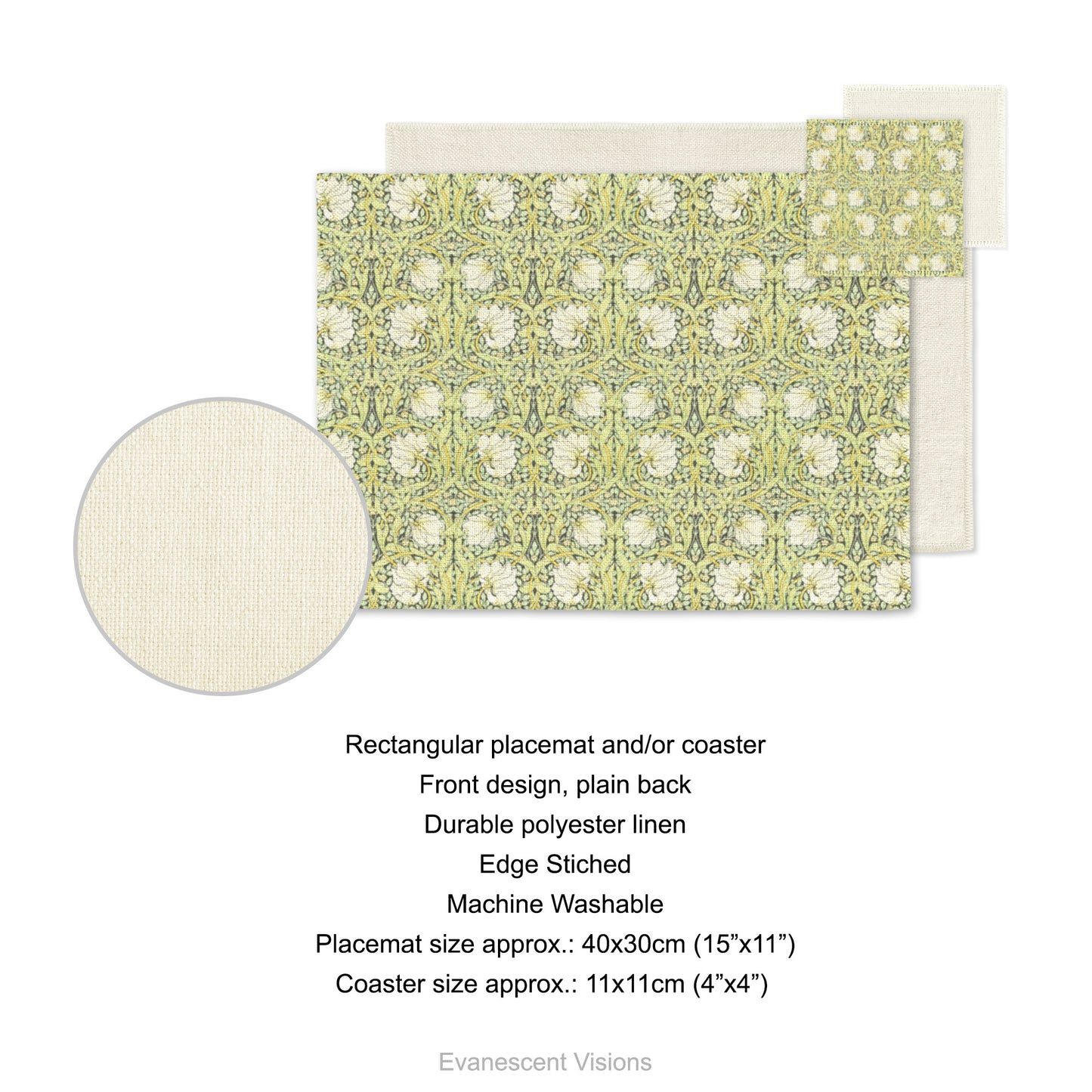 Morris Pimpernel Green Fabric Placemat and Coasters
